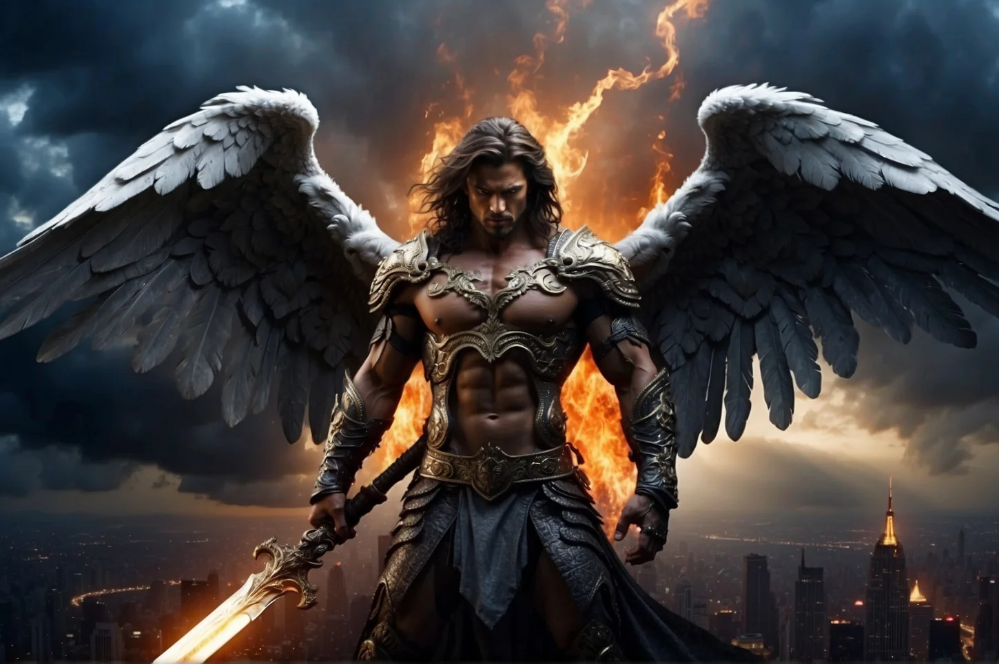 arrior angel with sword. Fire in background. Standing over Atlanta.